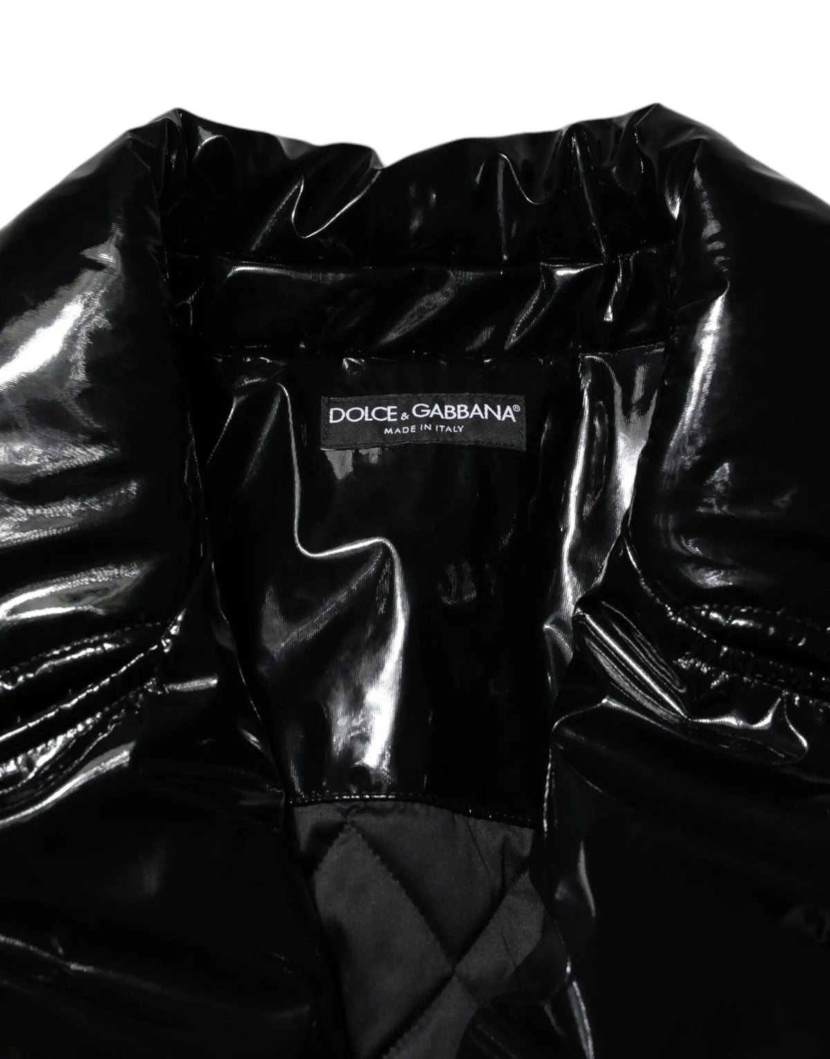 Dolce & Gabbana veste matelassée noire en polyester avec doublure intérieure matelassée en cuir verni noir brillant