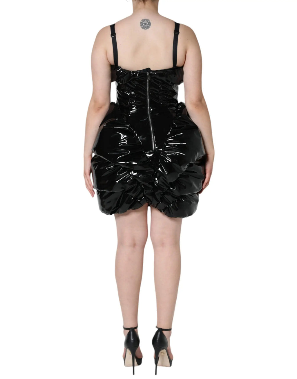 Robe courte noire en polyester enduit dolce gabbana avec corsage corseté et jupe volumineuse à volants