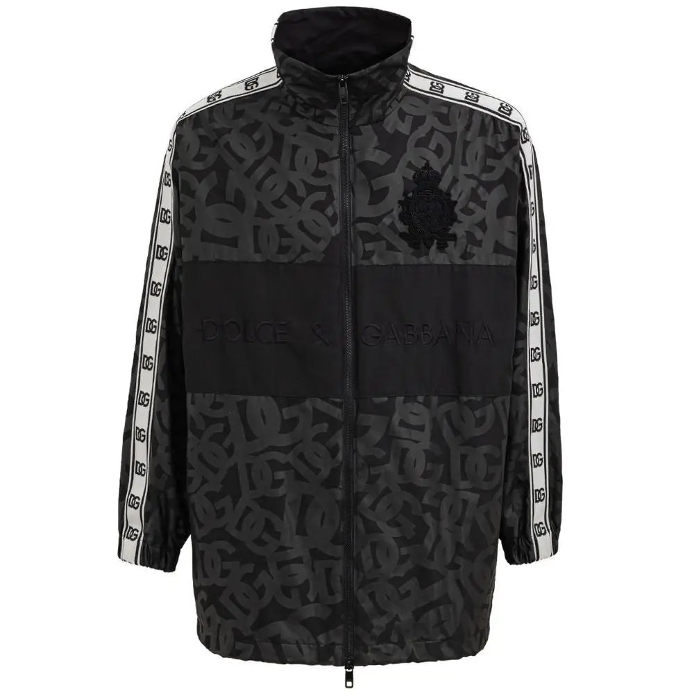Veste noire dolce & gabbana en polyester avec motif monogramme et bandes blanches logo sur manches et devant