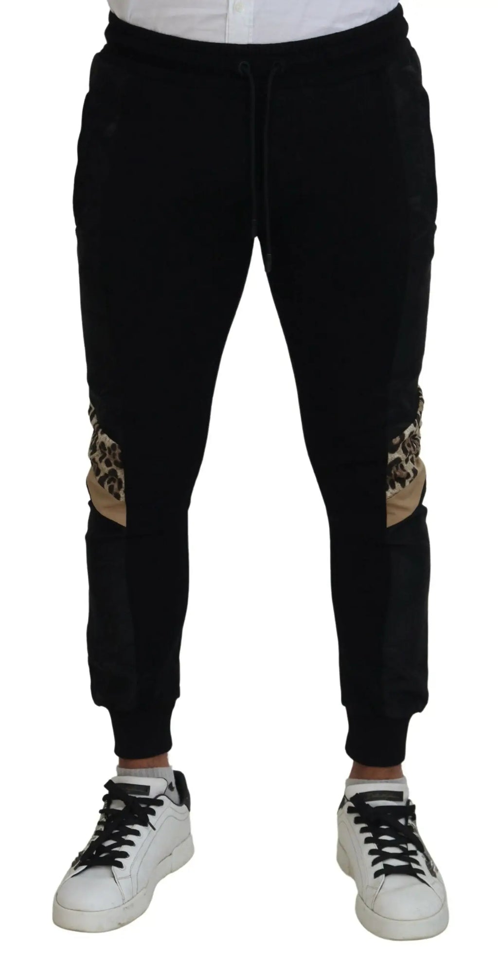 Dolce & gabbana pantalon jogging skinny homme noir en polyester avec empiècements imprimé léopard aux jambes