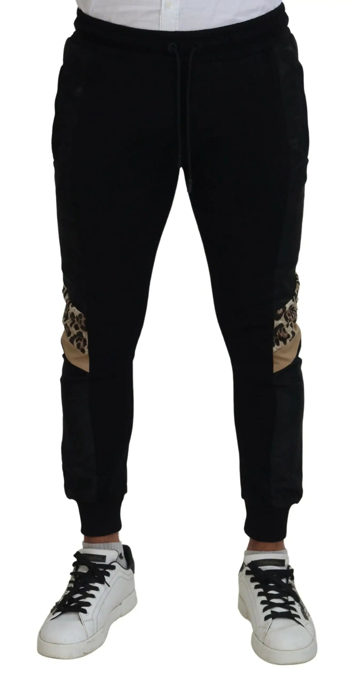 Dolce & gabbana pantalon jogging skinny homme noir en polyester avec empiècements imprimé léopard aux jambes