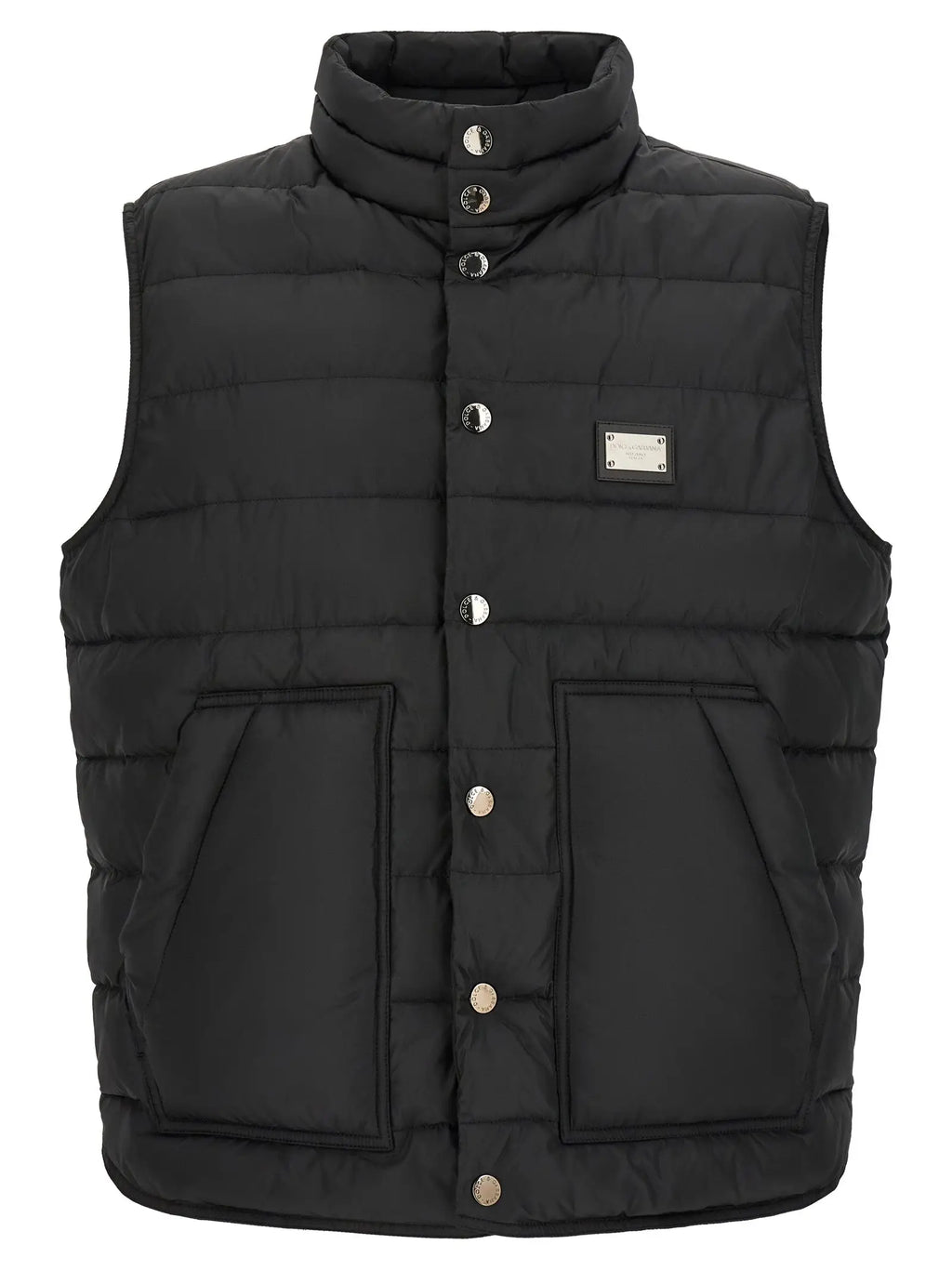 Dolce & Gabbana veste sans manches noire en polyester avec quilting matelassé, boutons argentés et écusson métallique