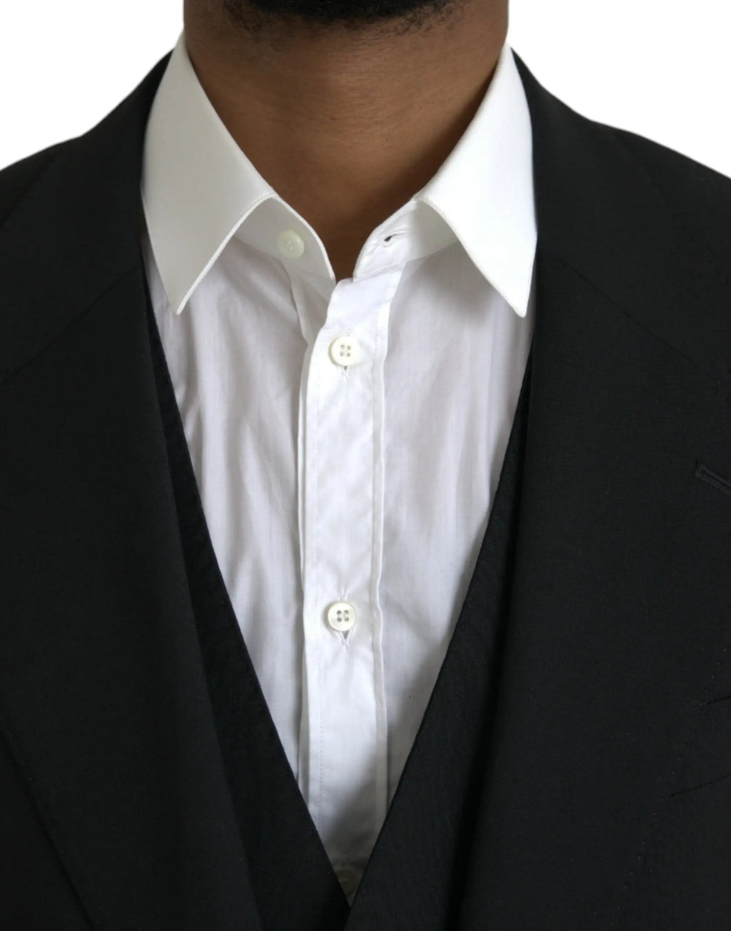 Chemise blanche à boutons dolce & gabbana en polyester noir avec col net et plis verticaux subtils pour costume formel