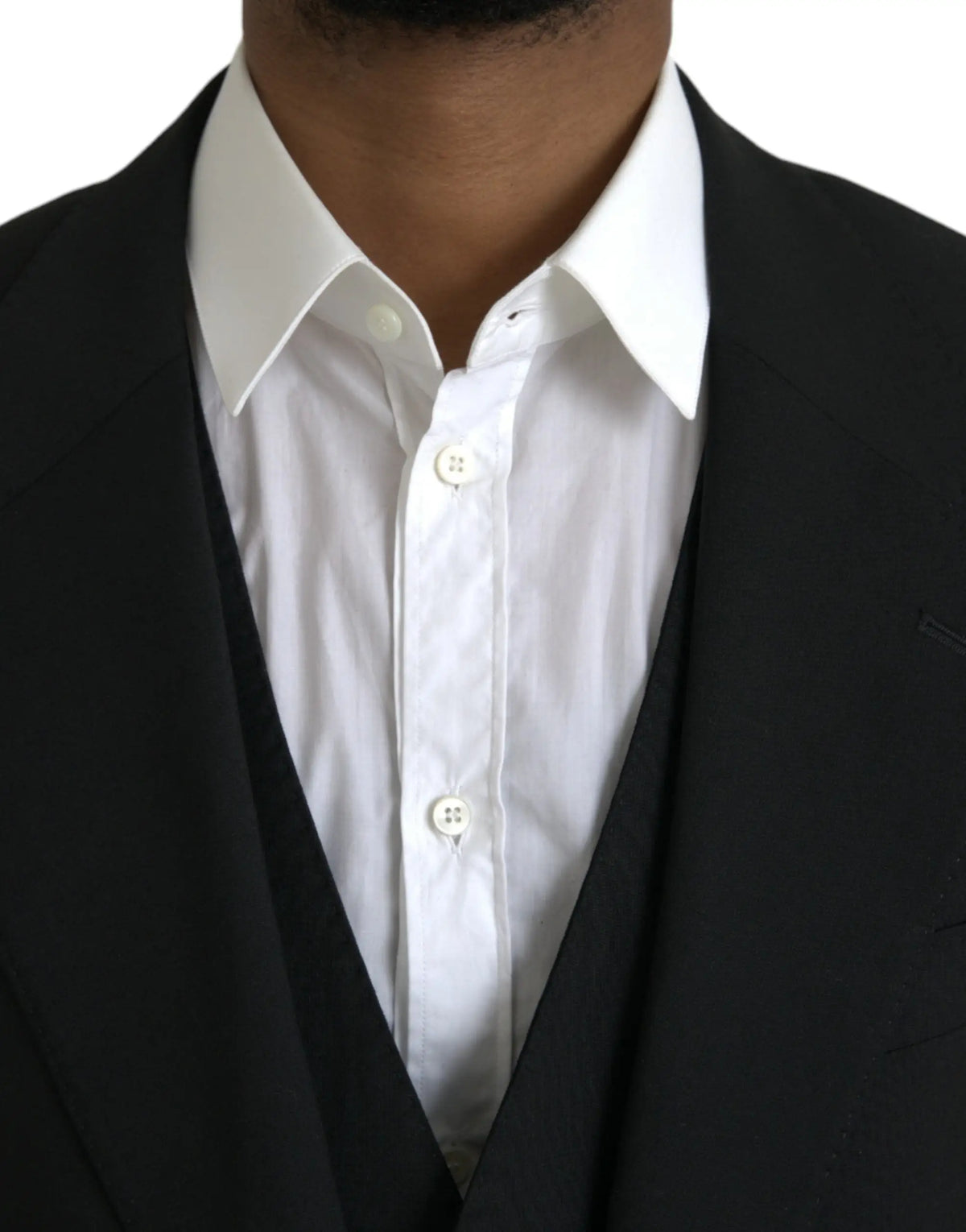 Chemise blanche à boutons dolce & gabbana en polyester noir avec col net et plis verticaux subtils pour costume formel