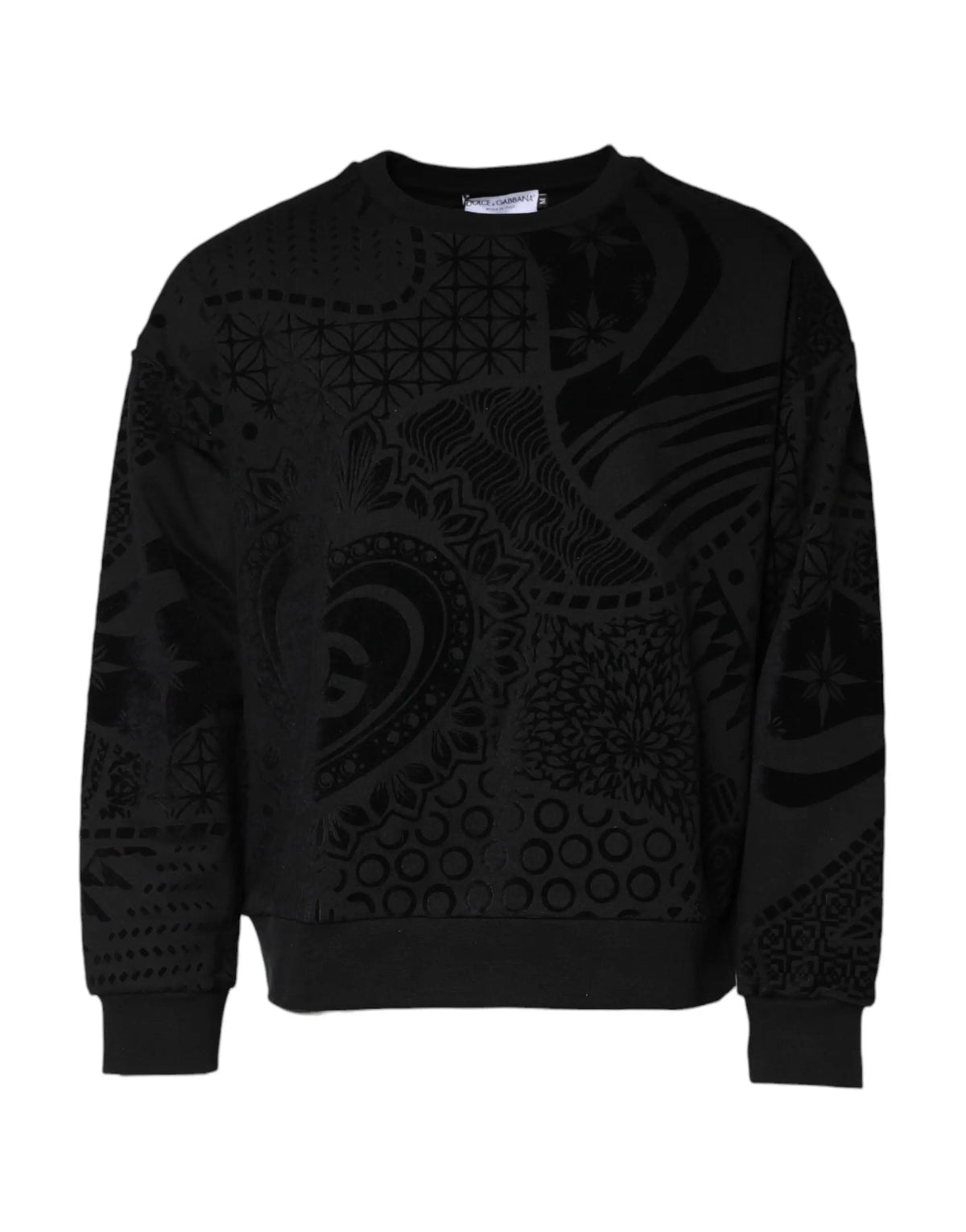 Dolce & gabbana sweat-shirt noir à col rond avec motifs géométriques et floraux en relief dans plusieurs tons de noir