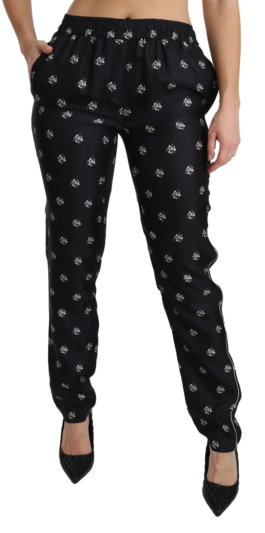 Pantalon skinny mi taille en soie noir dolce & gabbana avec motif floral blanc subtil et coutures latérales