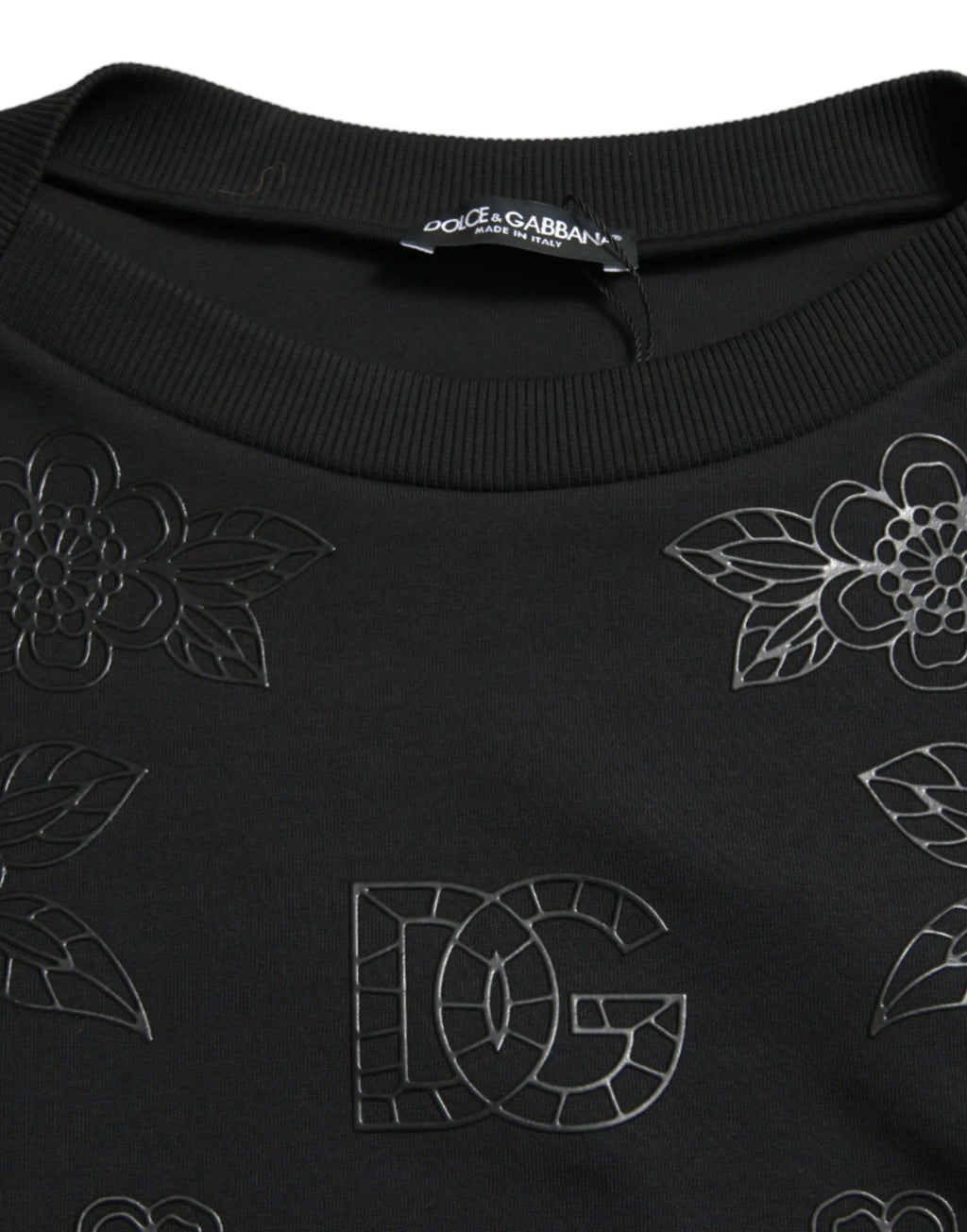 Sweat-shirt noir dolce gabbana avec broderies florales argentées et logo dg en applique élégant