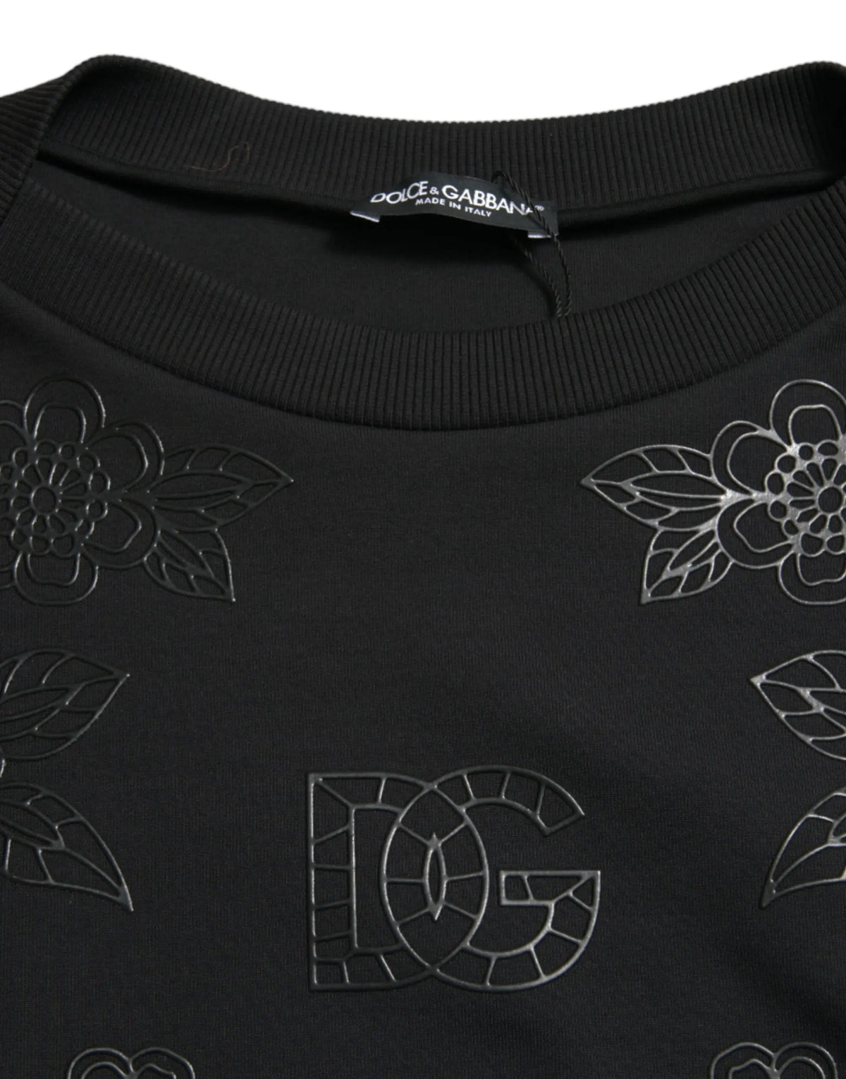 Sweat-shirt noir dolce gabbana avec broderies florales argentées et logo dg en applique élégant