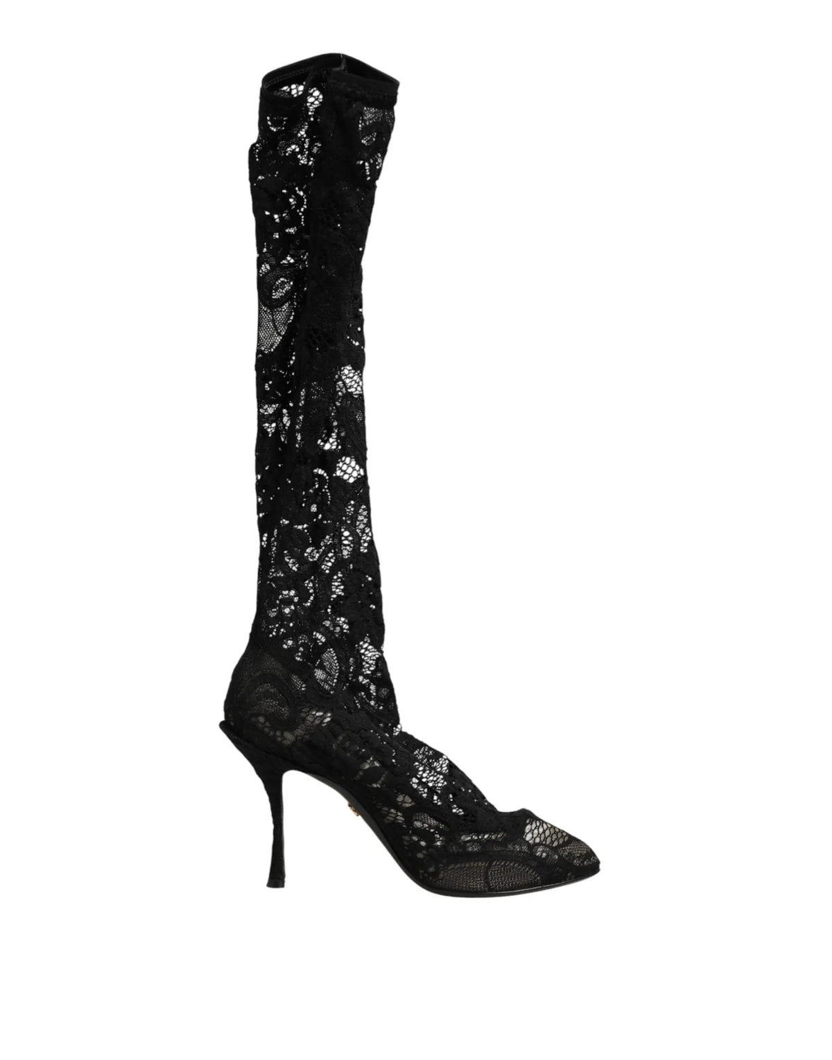 Bottes noires Dolce & Gabbana à talons aiguilles en dentelle Taormina avec motif floral délicat au-dessus du genou