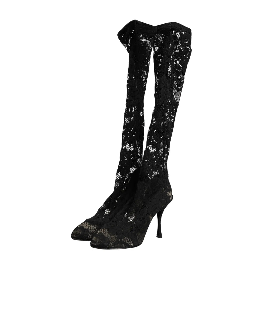 Dolce & gabbana bottes hautes noires en dentelle taormina avec talon aiguille et tige froncée élastique