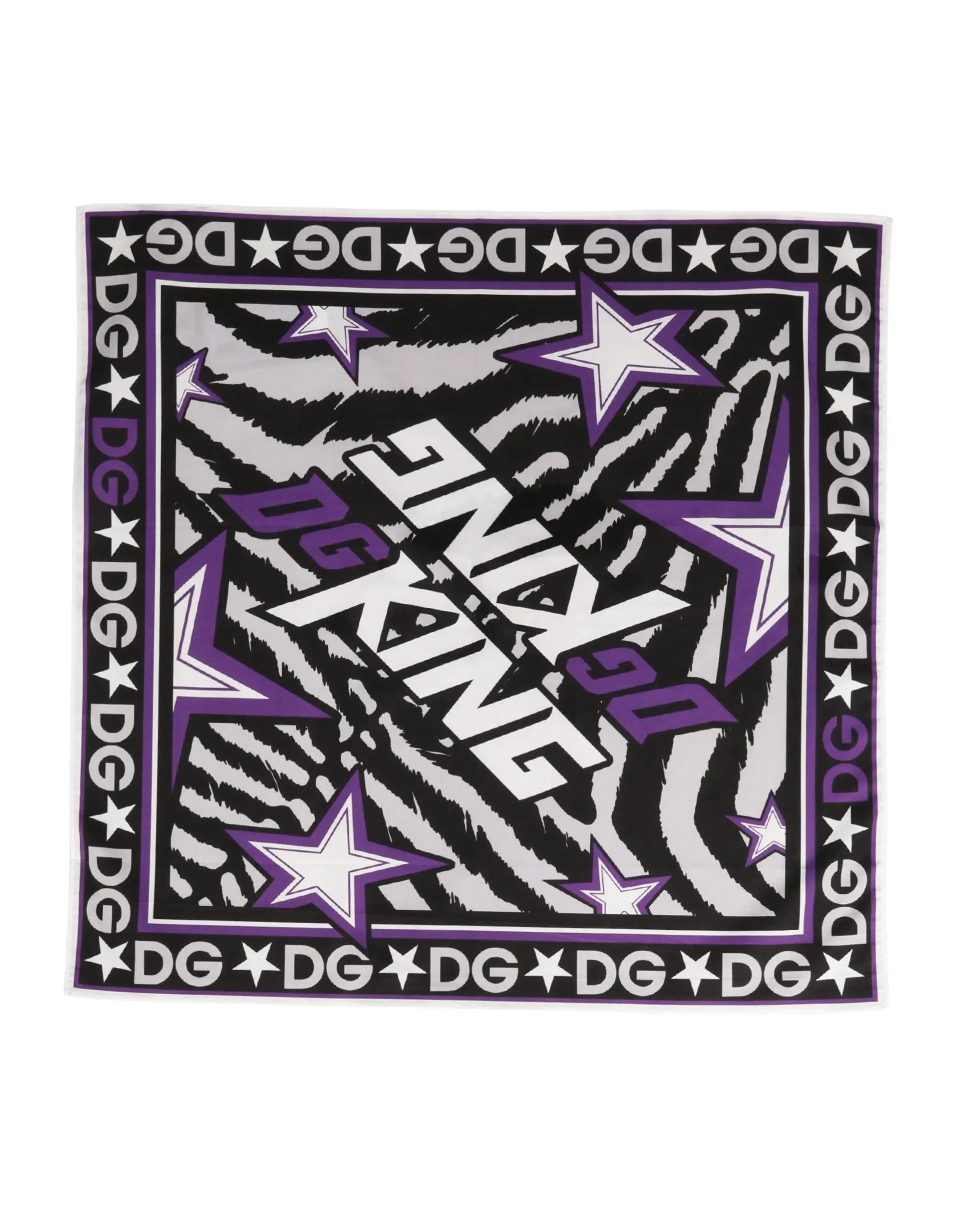 Dolce & gabbana foulard en coton noir et violet avec étoiles blanches et rayures zèbre noires dg king 51cm x 49,5cm