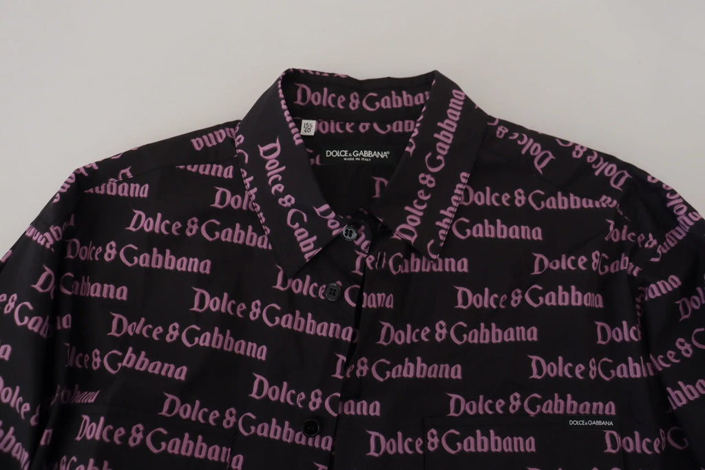 Chemise slim noire dolce et gabbana en coton avec imprimé logo violet répétitif pour tenue formelle