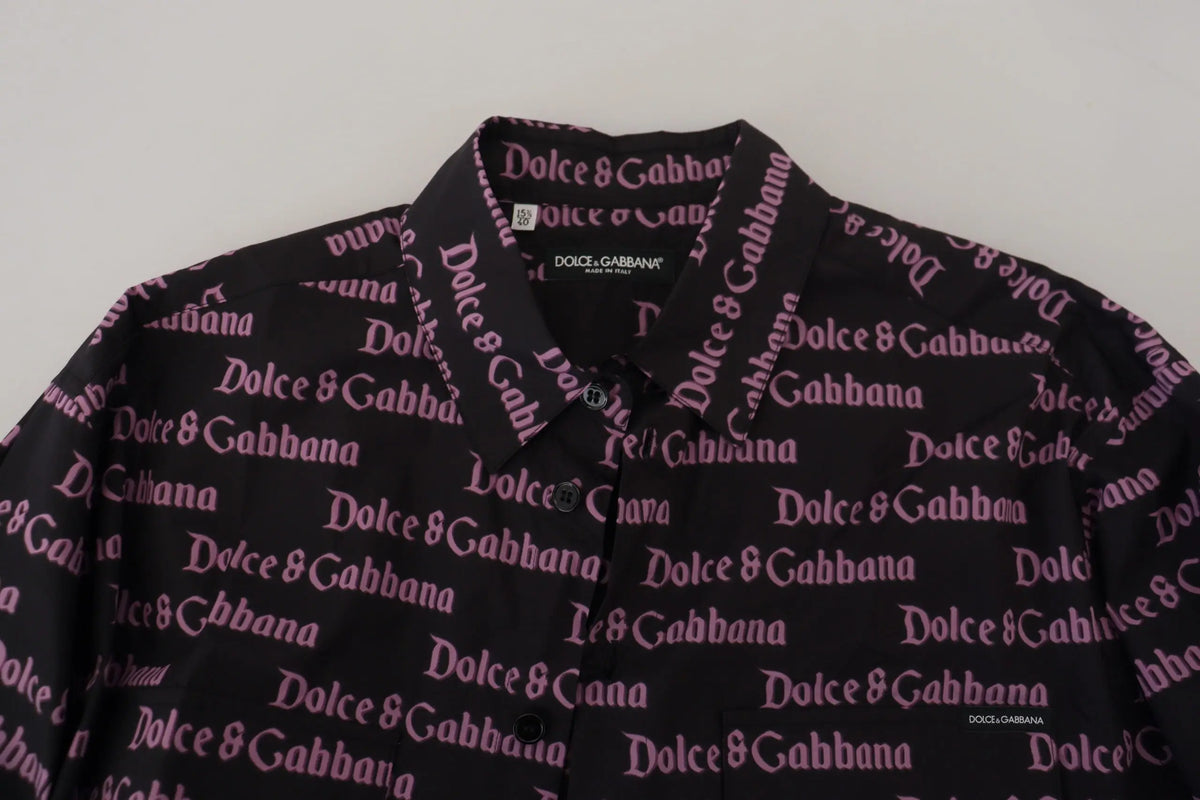 Chemise slim noire dolce et gabbana en coton avec imprimé logo violet répétitif pour tenue formelle