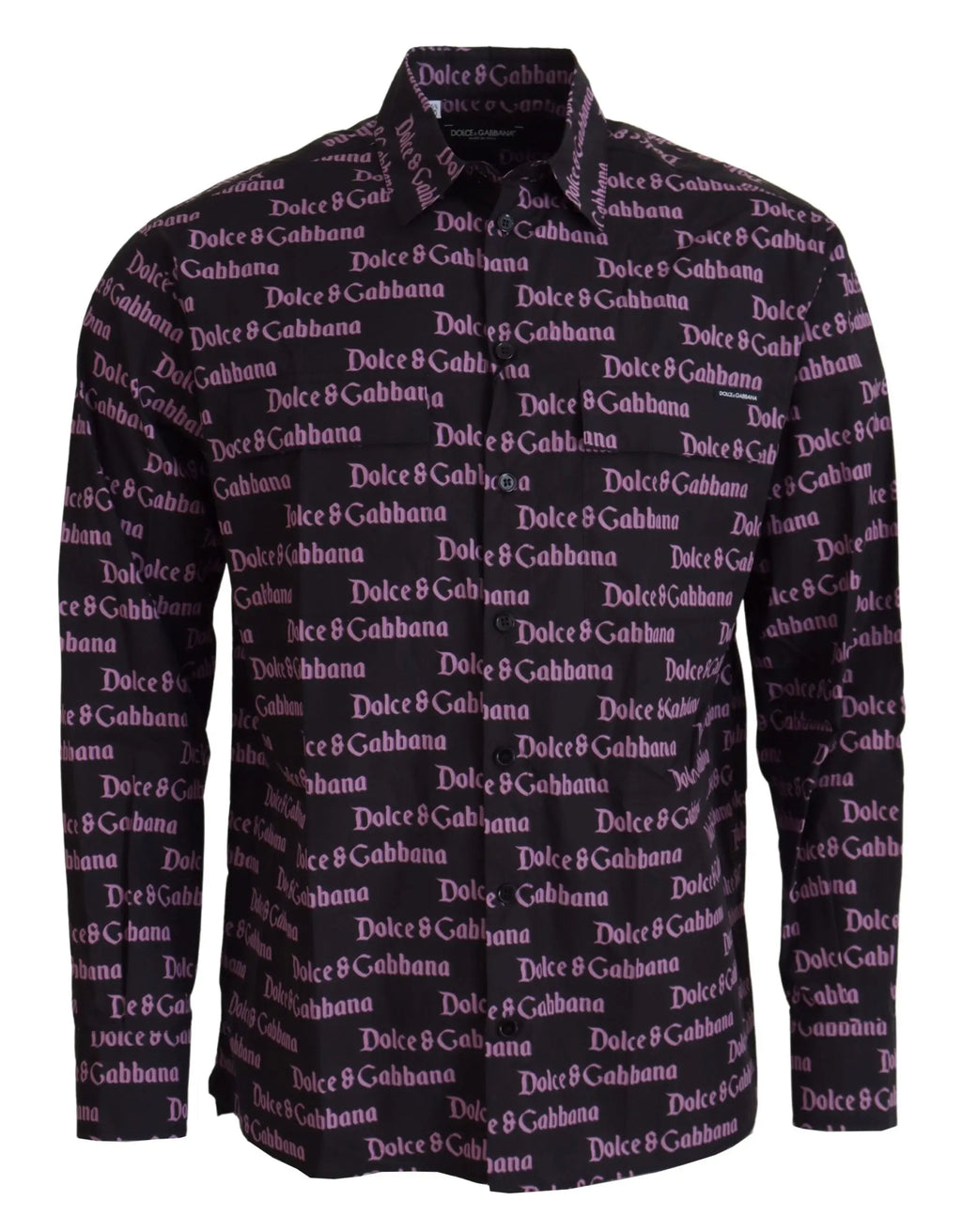 Chemise élégante dolce & gabbana noire à boutons avec imprimé logo blanc et violet clair répétitif