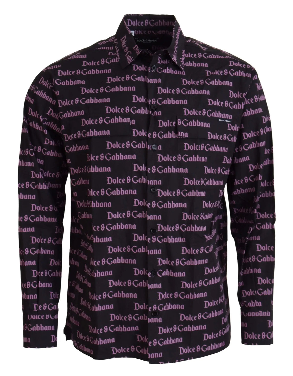 Chemise élégante dolce & gabbana noire à boutons avec imprimé logo blanc et violet clair répétitif