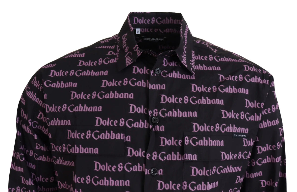 Chemise habillée noire dolce & gabbana slim avec imprimé répétitif de logo violet rose