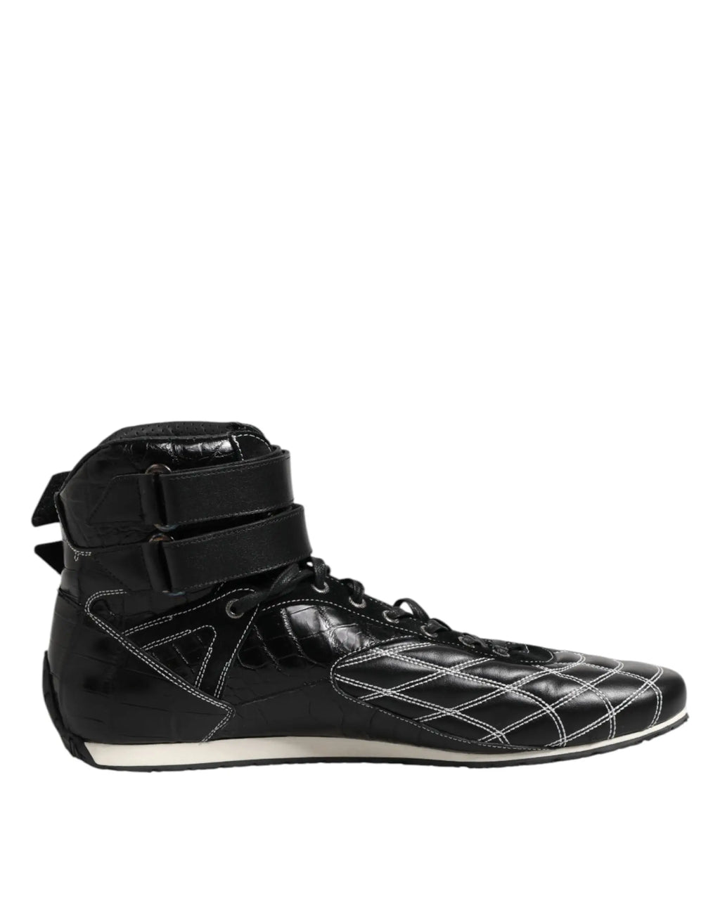 Baskettes montantes noires dolce & gabbana en cuir matelassé avec panels embossés crocodile et coutures blanches