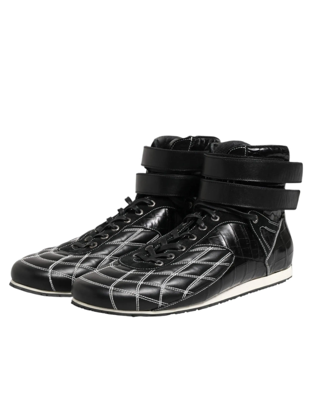 Baskets montantes dolce & gabbana en cuir noir matelassé avec coutures blanches et sangles de cheville ajustables