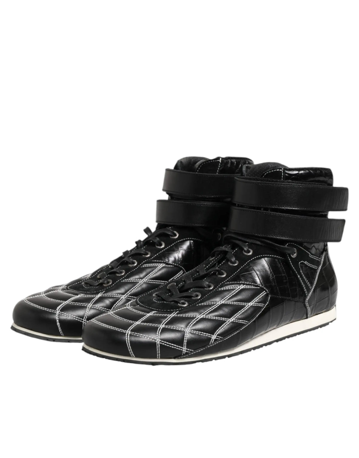 Baskets montantes dolce & gabbana en cuir noir matelassé avec coutures blanches et sangles de cheville ajustables