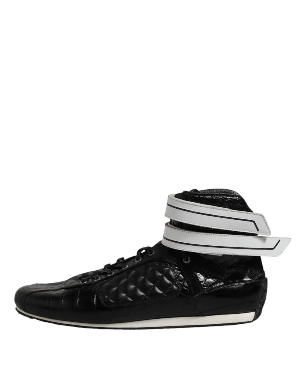 Baskets hautes noires dolce & gabbana en cuir matelassé avec cuir embossé crocodile brillant et bandes blanches audacieuses