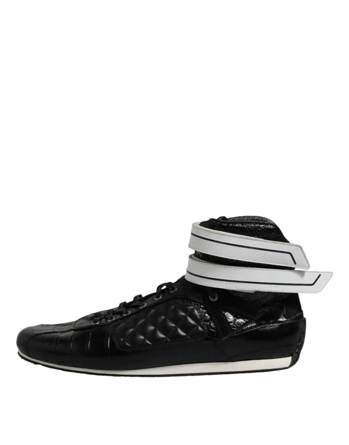 Baskets hautes noires dolce & gabbana en cuir matelassé avec cuir embossé crocodile brillant et bandes blanches audacieuses