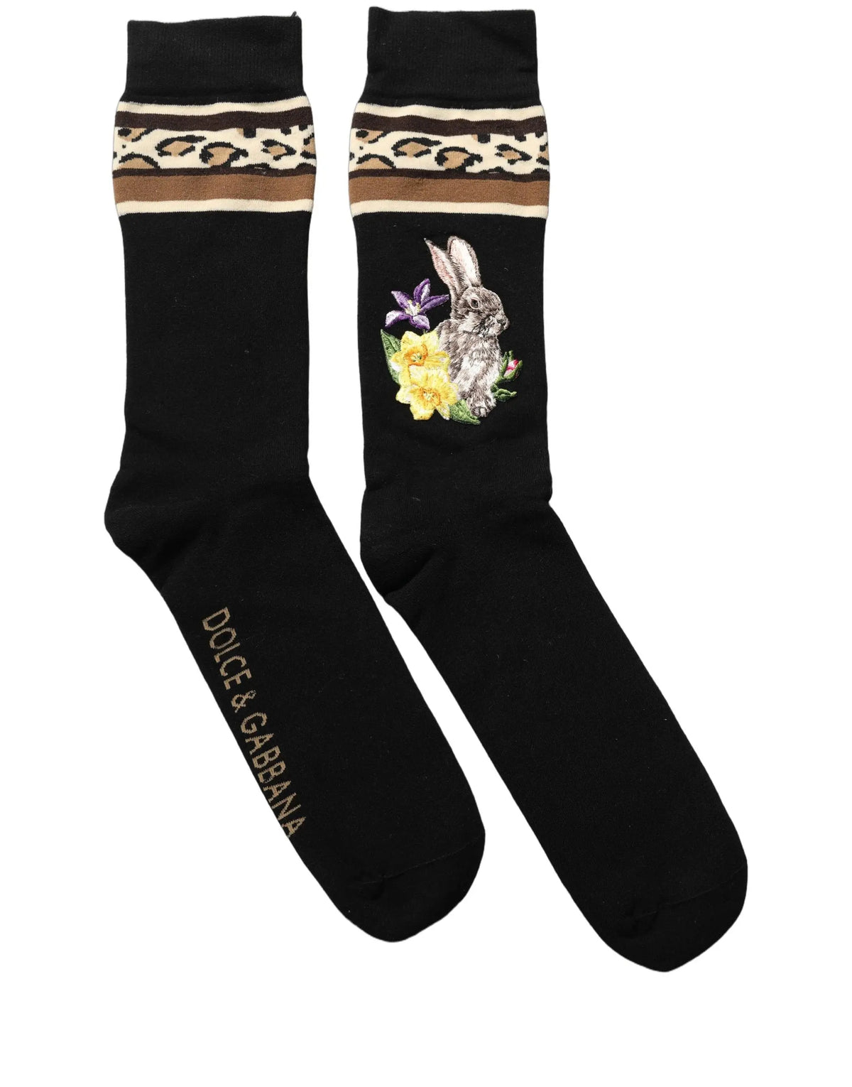 Chaussettes mi-mollet en laine noires dolce & gabbana avec lapin brodé, fleurs jaunes et violettes, et rayures léopard au bord