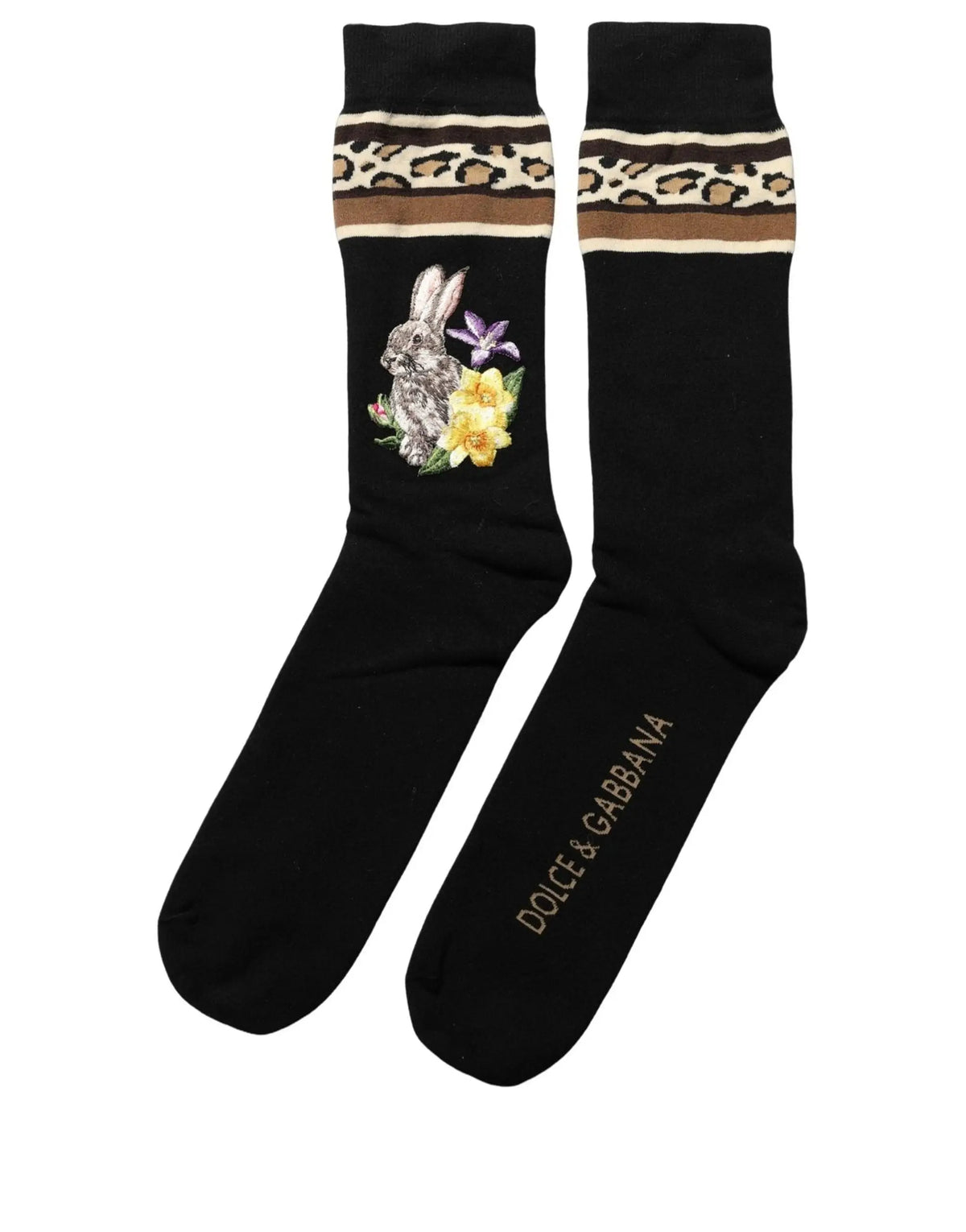Chaussettes noires dolce & gabbana en laine mi-mollet avec lapin brodé fleurs violettes jaunes et rayures léopard au poignet