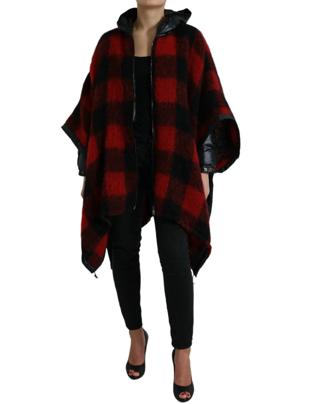 Cape à capuche noire et rouge à carreaux dolce & gabbana avec fermeture éclair brillante et bordure noire