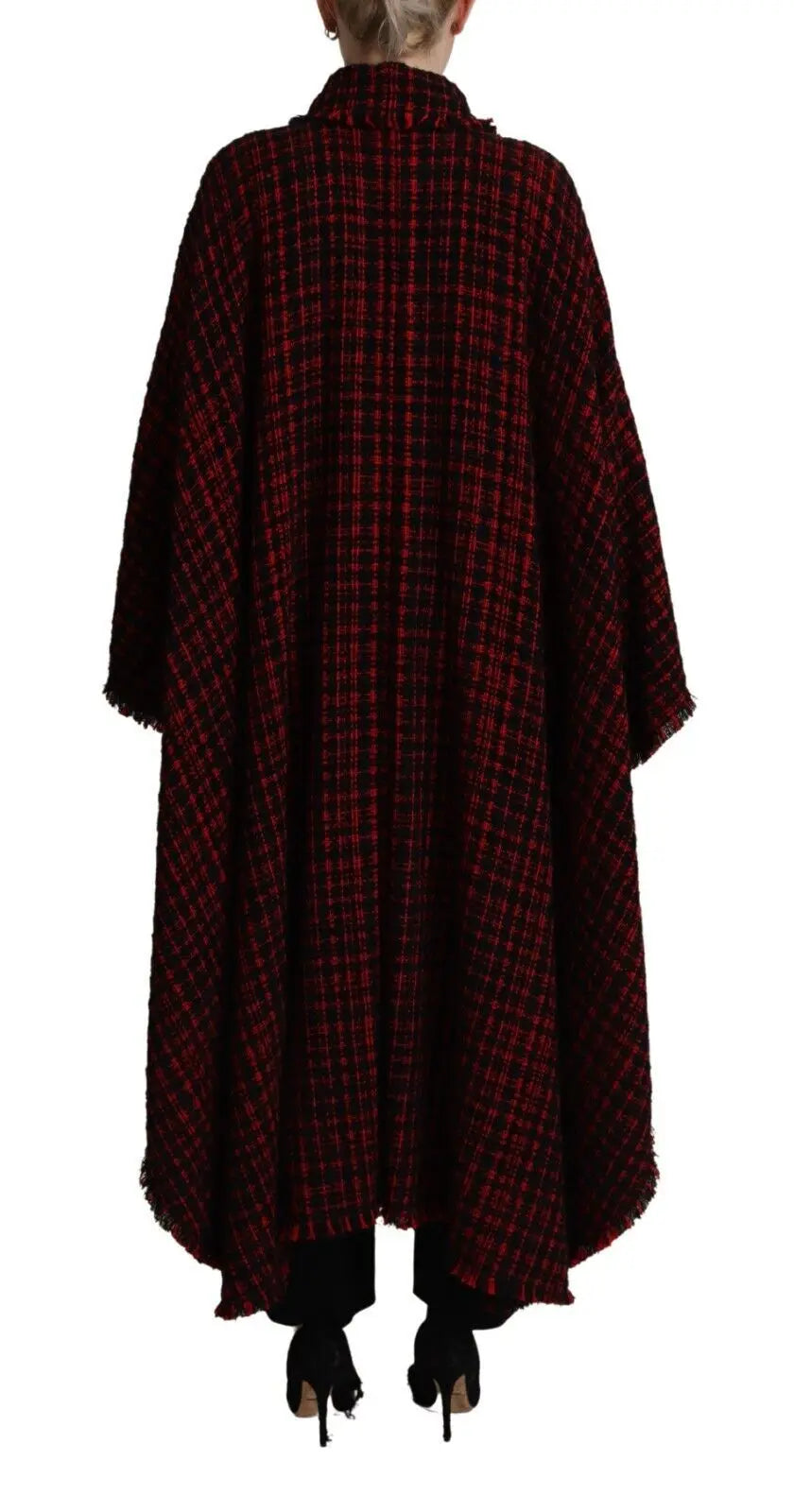 Dolce & gabbana manteau en coton noir et rouge à carreaux avec cape en laine à col montant et ourlet effiloché