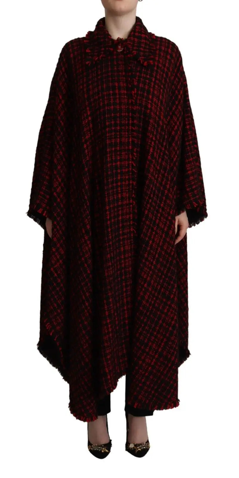 Cape en laine dolce & gabbana bordeaux et noir à carreaux avec col haut boutons et ourlet effiloché