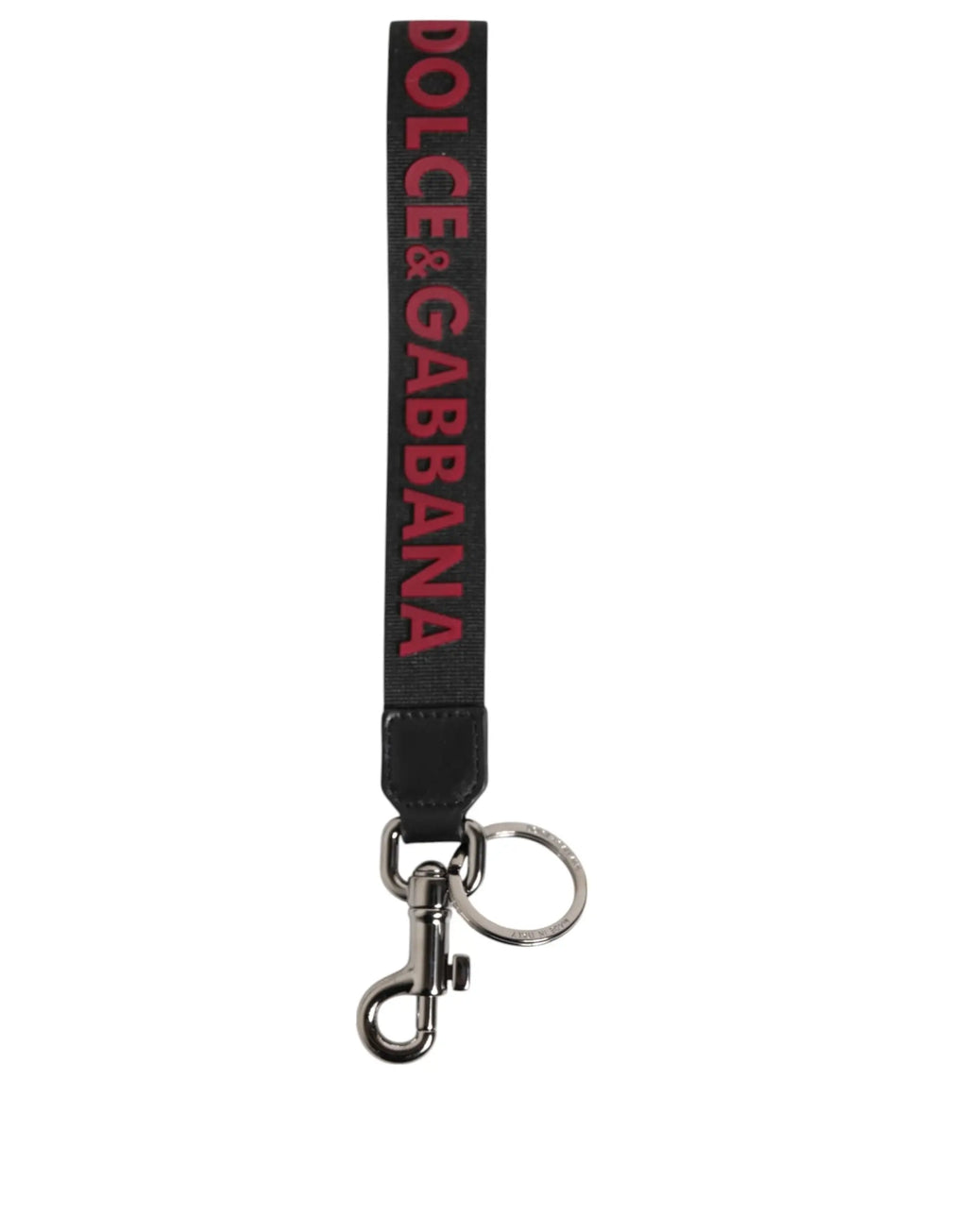 Lanière en tissu noire dolce & gabbana avec lettrage rouge, languette en cuir noir et fermoir métal argenté pour clés homme