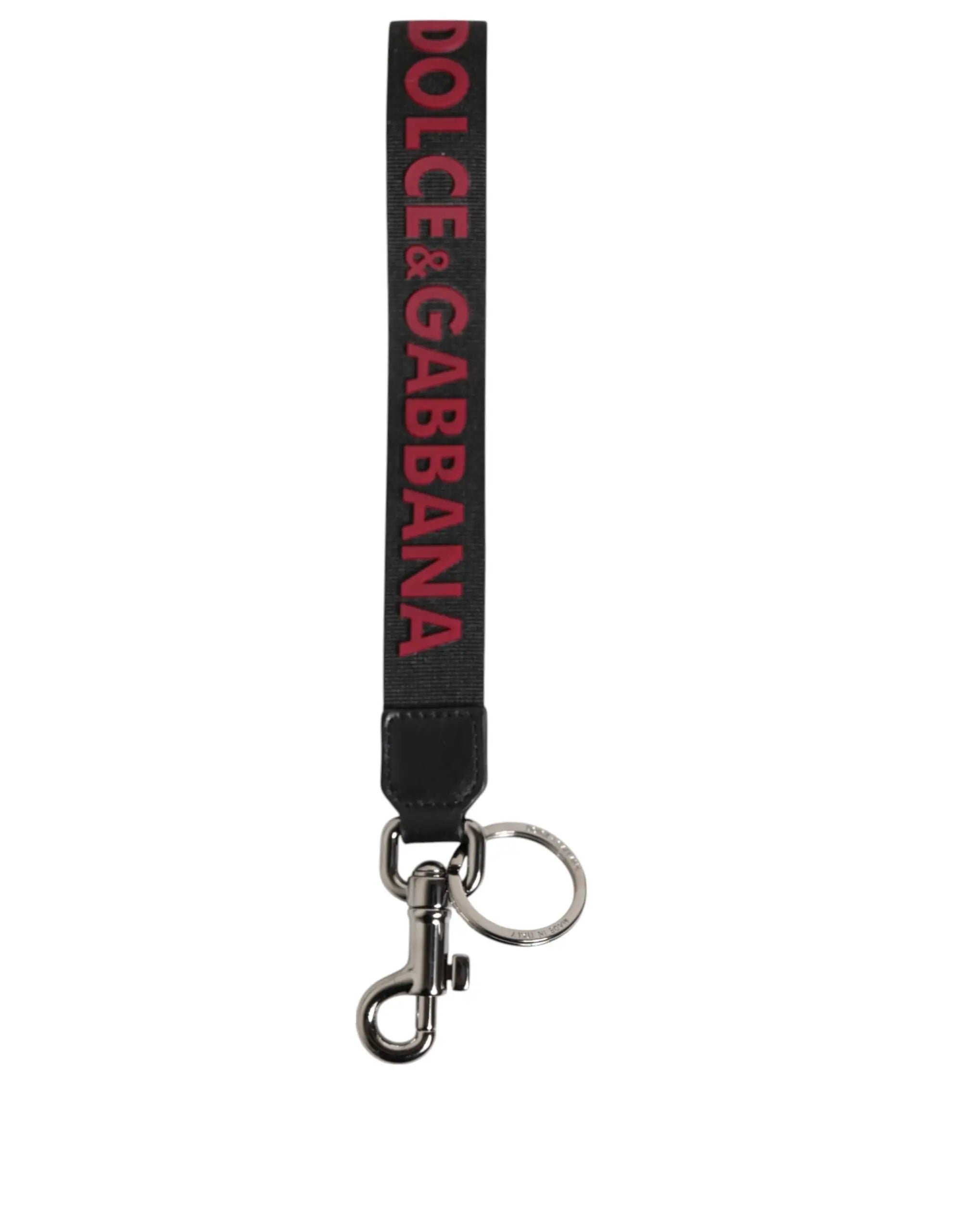 Dolce gabbana porte-clés lanière en polyester noir avec logo rouge et attache métallique argentée pour homme
