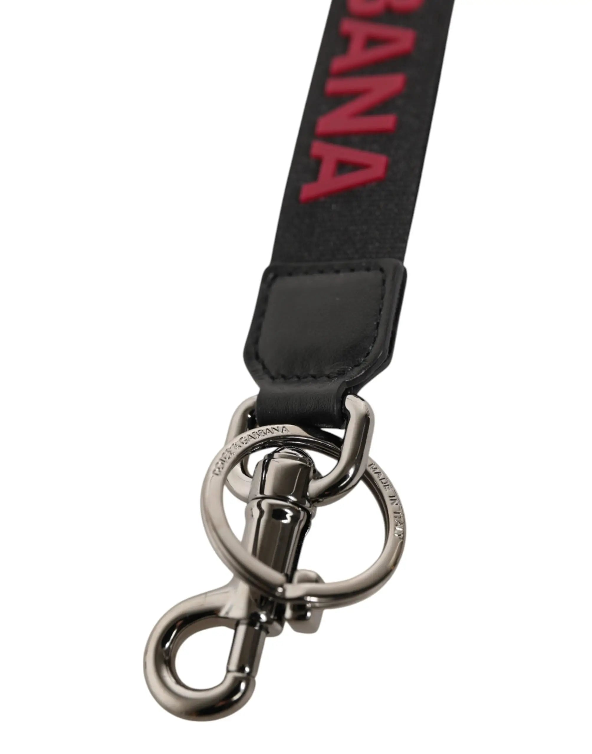 Lanyard noir en tissu avec lettrage rouge banana et bride en cuir noir pour porte-clés dolce & gabbana en métal argenté