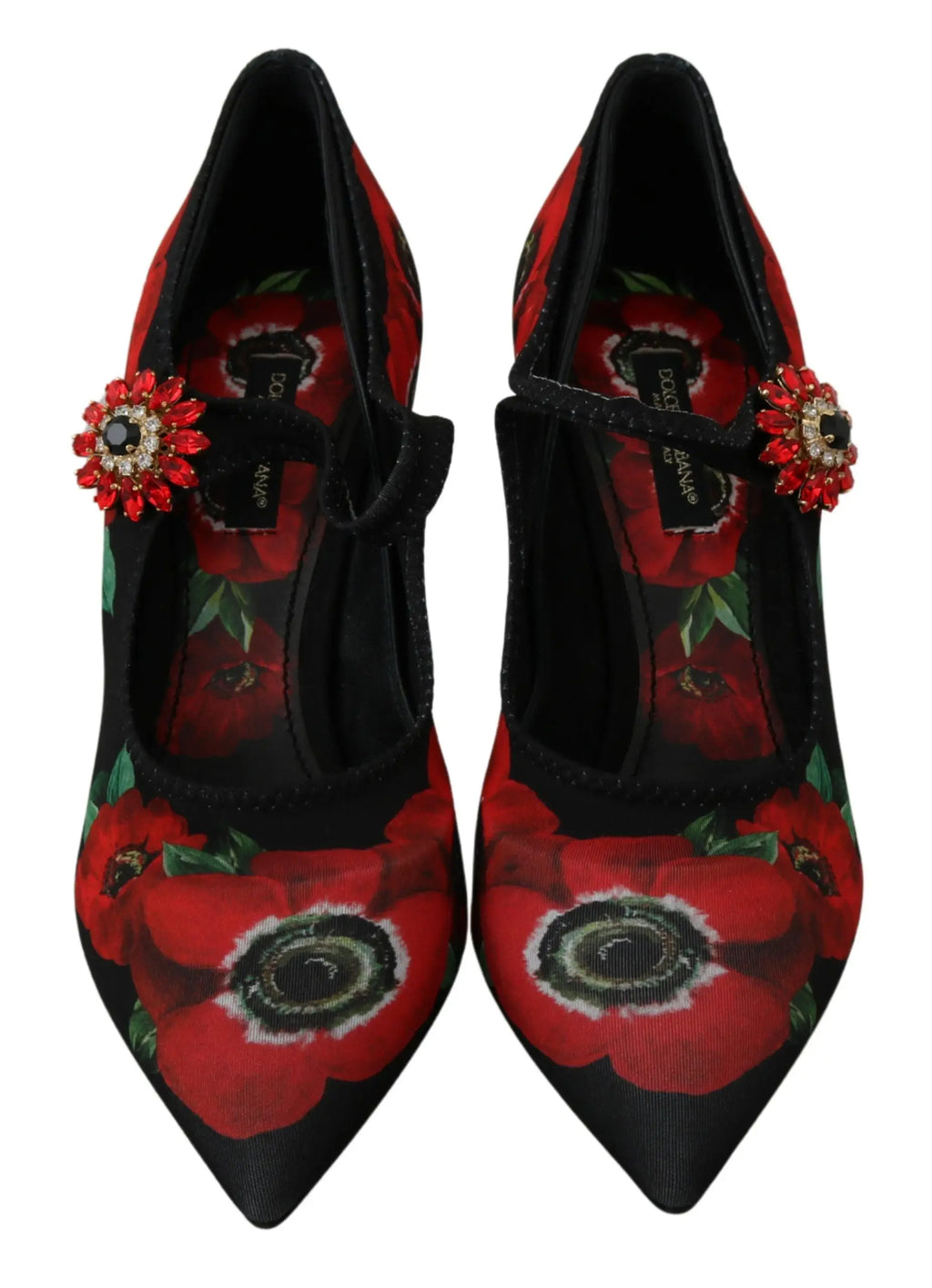 Dolce & Gabbana mary janes pumps noirs et rouges à imprimé floral avec talon pointu et fleur en bijoux