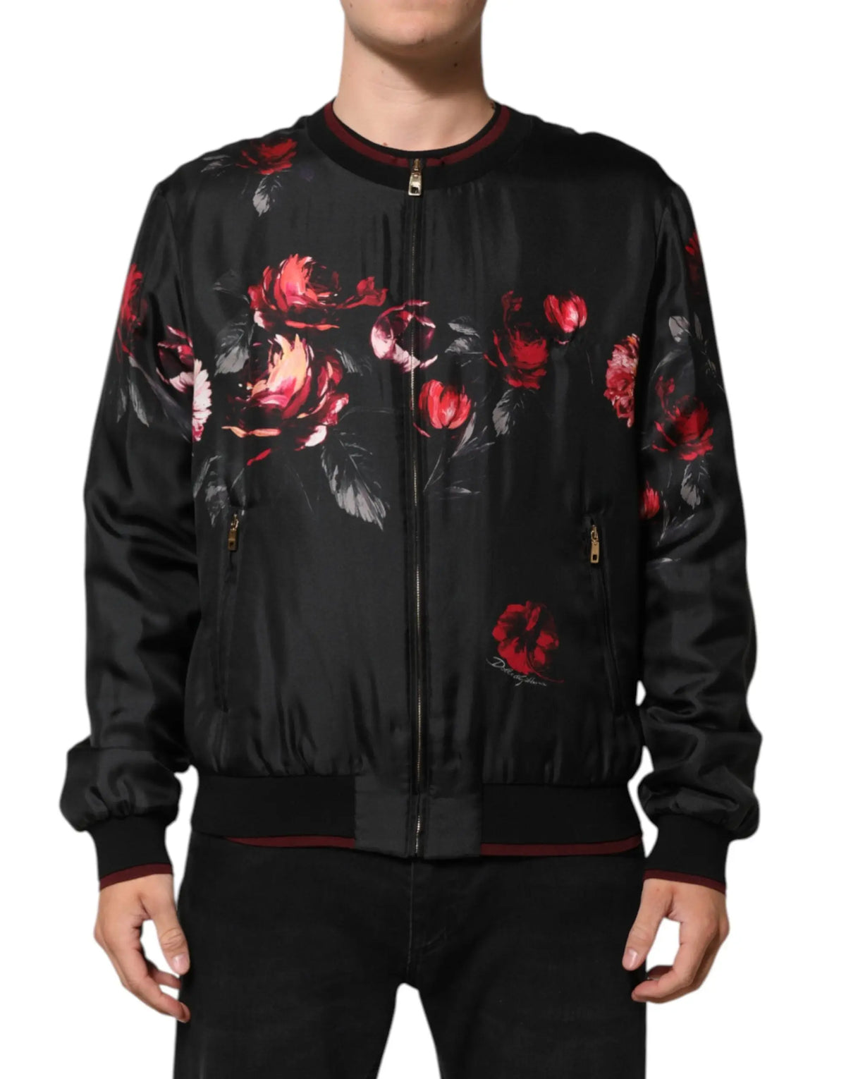 Veste bomber noir dolce & gabbana en soie avec imprimé floral rouge et rose et zips dorés