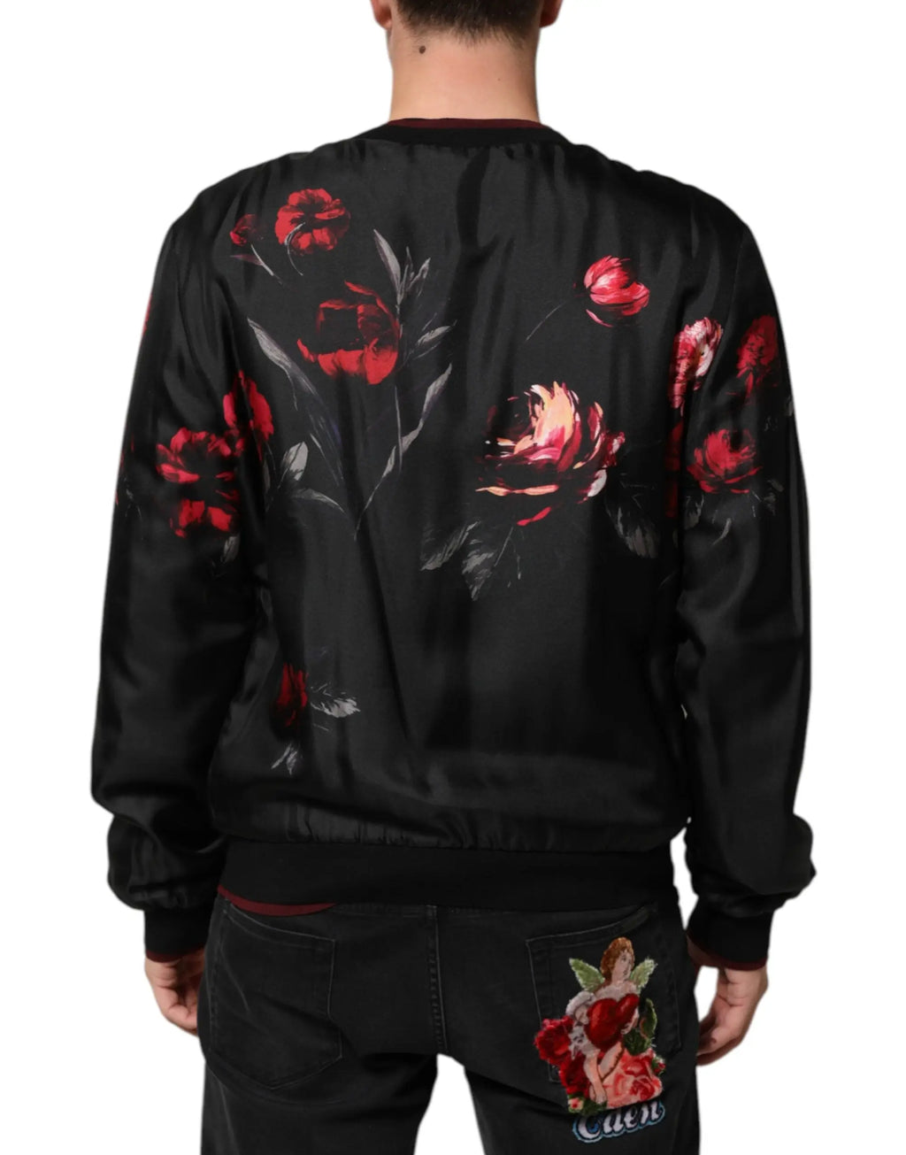 Dolce & gabbana blouson bomber en soie noir avec imprimé floral rouge et rose vibrant