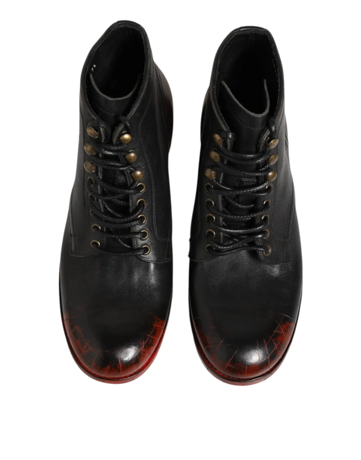 Bottes courtes noires dolce & gabbana en cuir à lacets avec œillets en laiton et semelle rouge usée