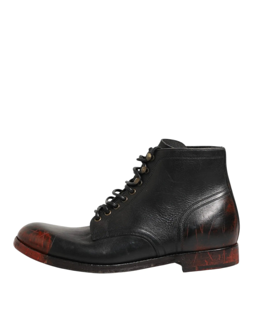 Dolce & gabbana bottines noires en cuir avec lacets et accents rouges usés sur le bout et le talon
