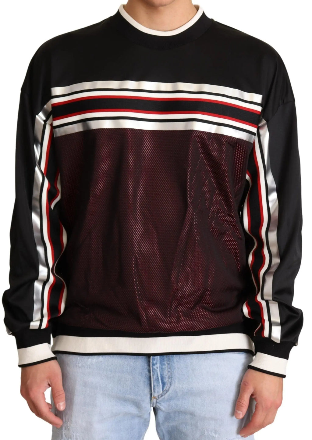 Dolce & gabbana sweat noir et rouge avec bandes blanches rouges argentées et panneau en mesh sur le devant