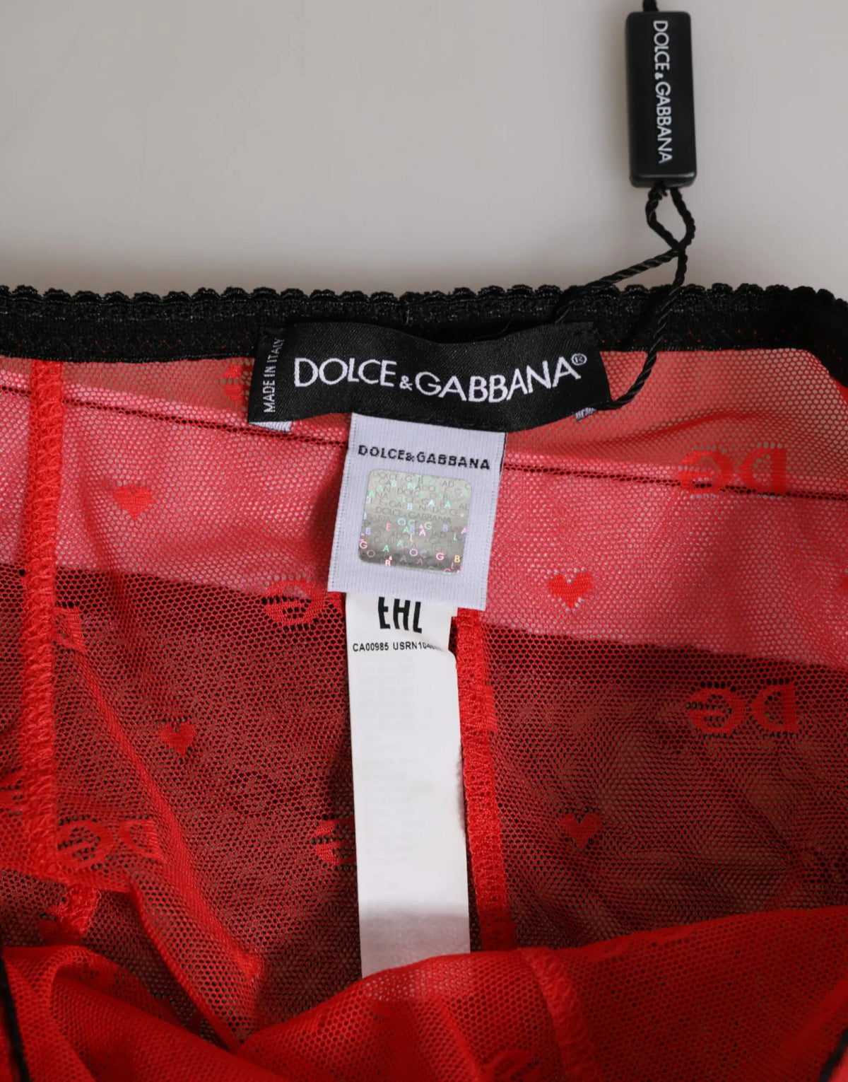 Culotte taille haute en nylon rouge et noir avec dentelle transparente et motif cœur dolce & gabbana