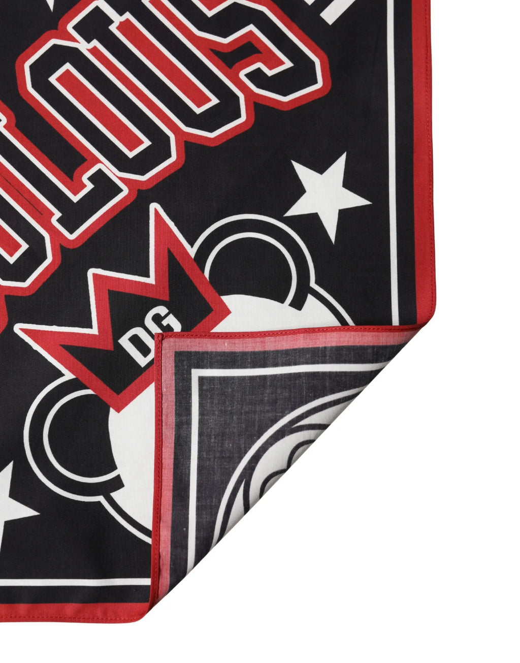 Foulard carré dolce & gabbana noir en coton avec logo dc rouge et blanc, motifs étoile et bordure texturée de 50,5 cm