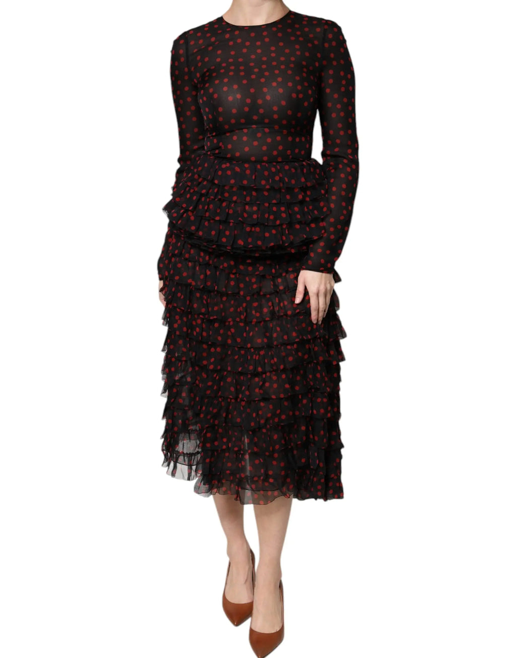 Robe midi noire en soie dolce & gabbana à pois rouges avec volants superposés et tissus transparents