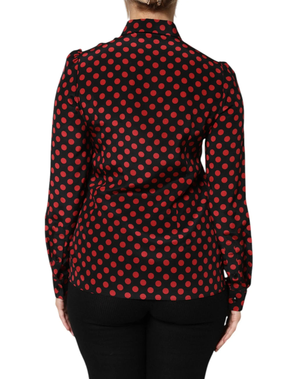 Blouse noire dolce & gabbana en soie avec pois rouges et manches bouffantes longues