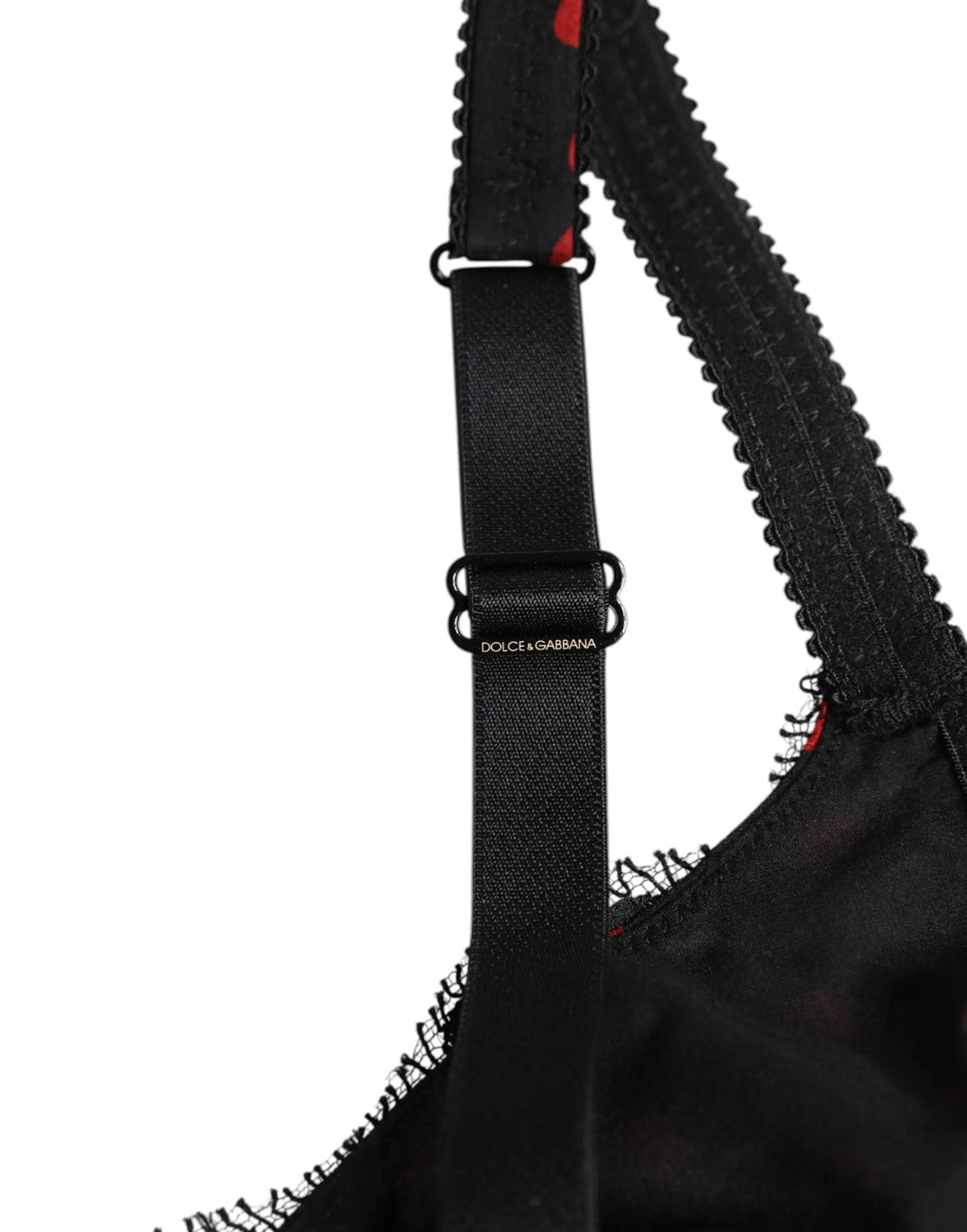 Bretelle arrière de soutien-gorge balconnet Dolce & Gabbana en satin noir à cœurs rouges et fermoir métal argenté