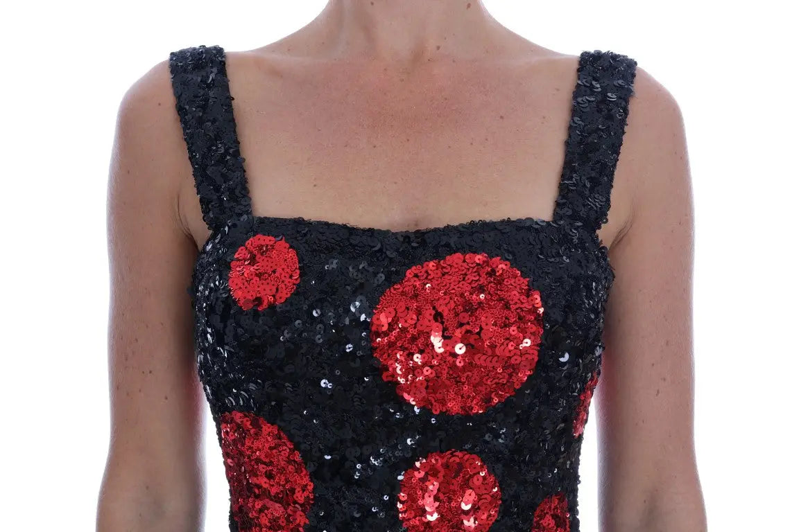 Robe droite dolce & gabbana noire en sequins avec larges embellissements rouges circulaires