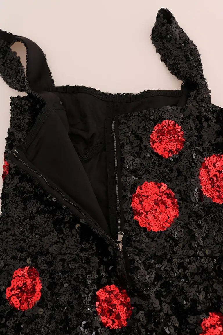 Dolce & Gabbana robe noire en sequins avec grands pois rouges et fermeture éclair devant