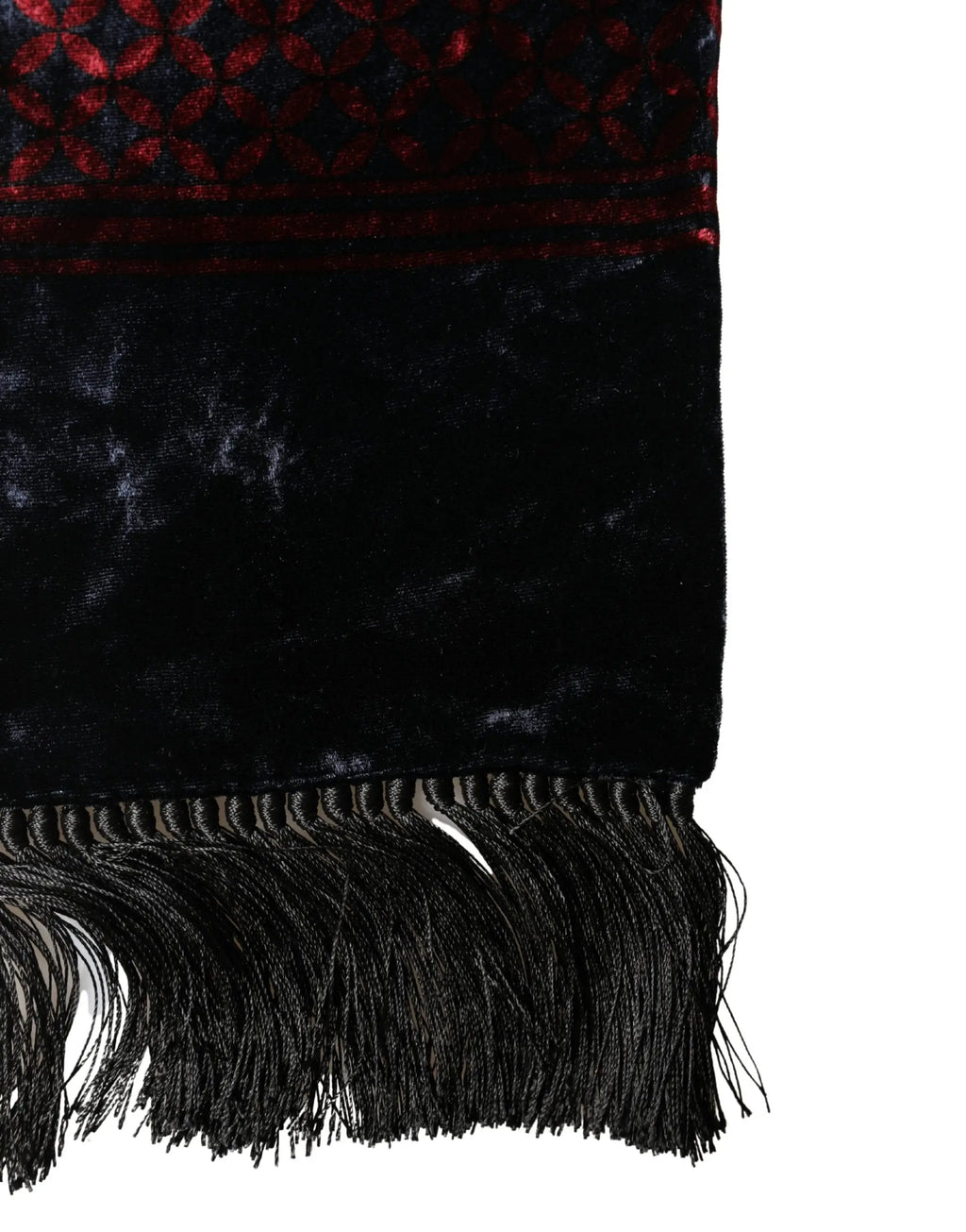 Écharpe dolce & gabbana noire en velours avec bordure géométrique rouge en rayonne et franges noires 140cm x 16cm