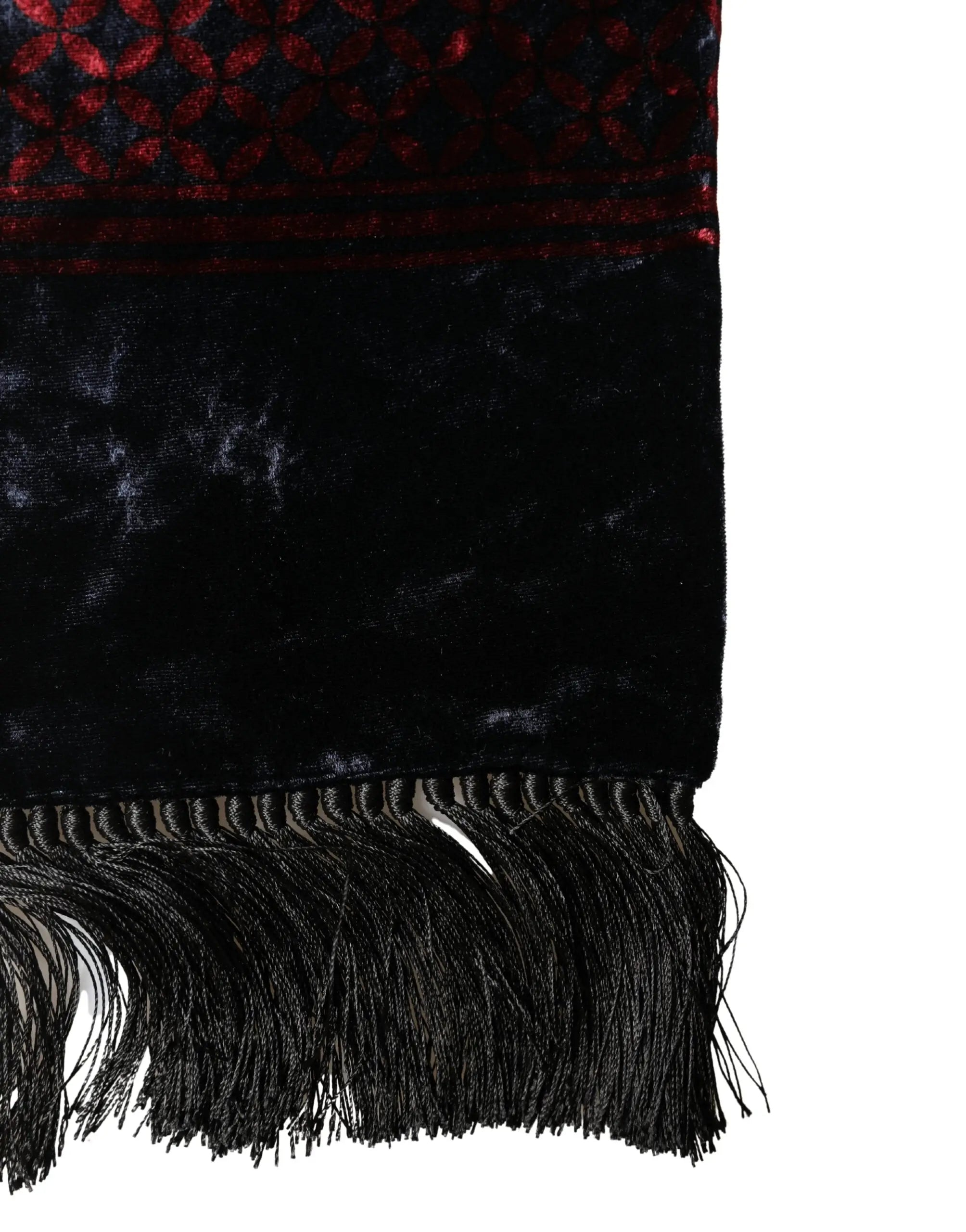 Écharpe dolce & gabbana noire en velours avec bordure géométrique rouge en rayonne et franges noires 140cm x 16cm