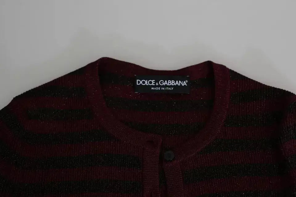 Cardigan femme dolce & gabbana en maille rayée bordeaux et noire avec un léger effet scintillant et étiquette de marque