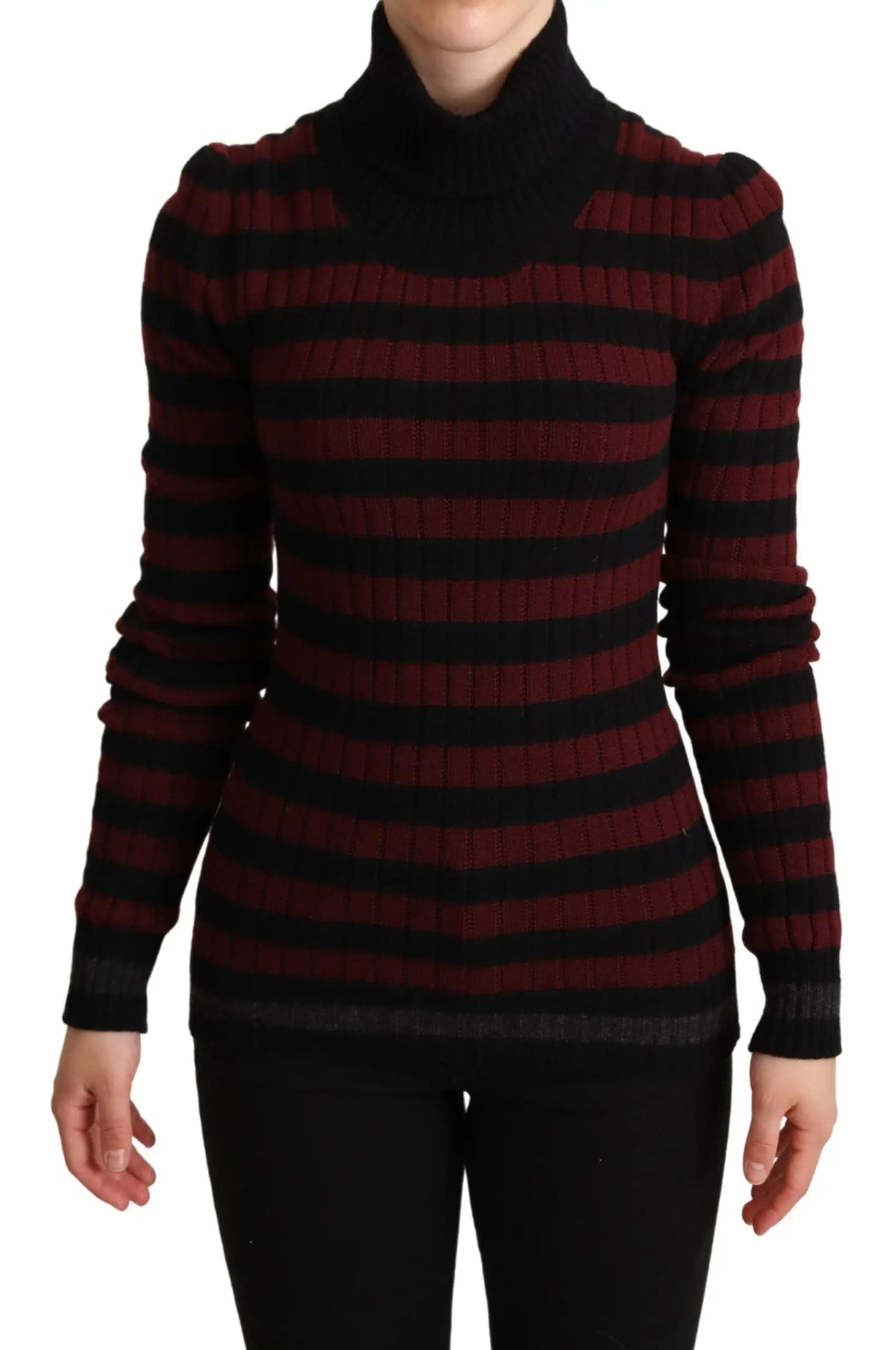 Dolce & gabbana pull en laine pour femme avec col roulé noir et rouge à rayures côtelées